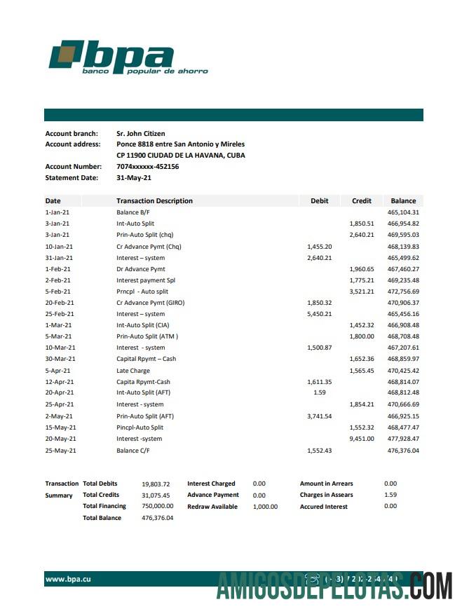 Imprimível Cuba Banco Popular De Ahorro (BPA) Extrato bancário modelo fácil de preencher em formato Excel e PDF